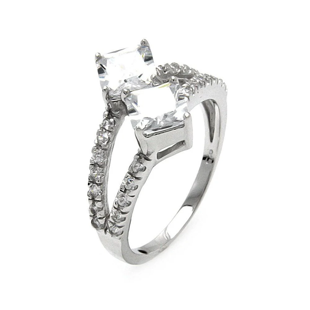 Clearance-Silver 925 Rhodium Plated 2 Princess Cut CZ Ring - STR00247