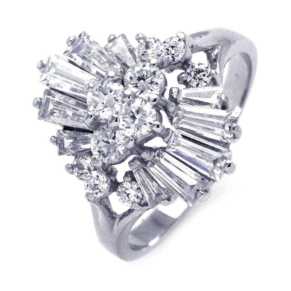 Clearance-Silver 925 Rhodium Plated Baguette Round CZ Dynamic Ring - STR00791