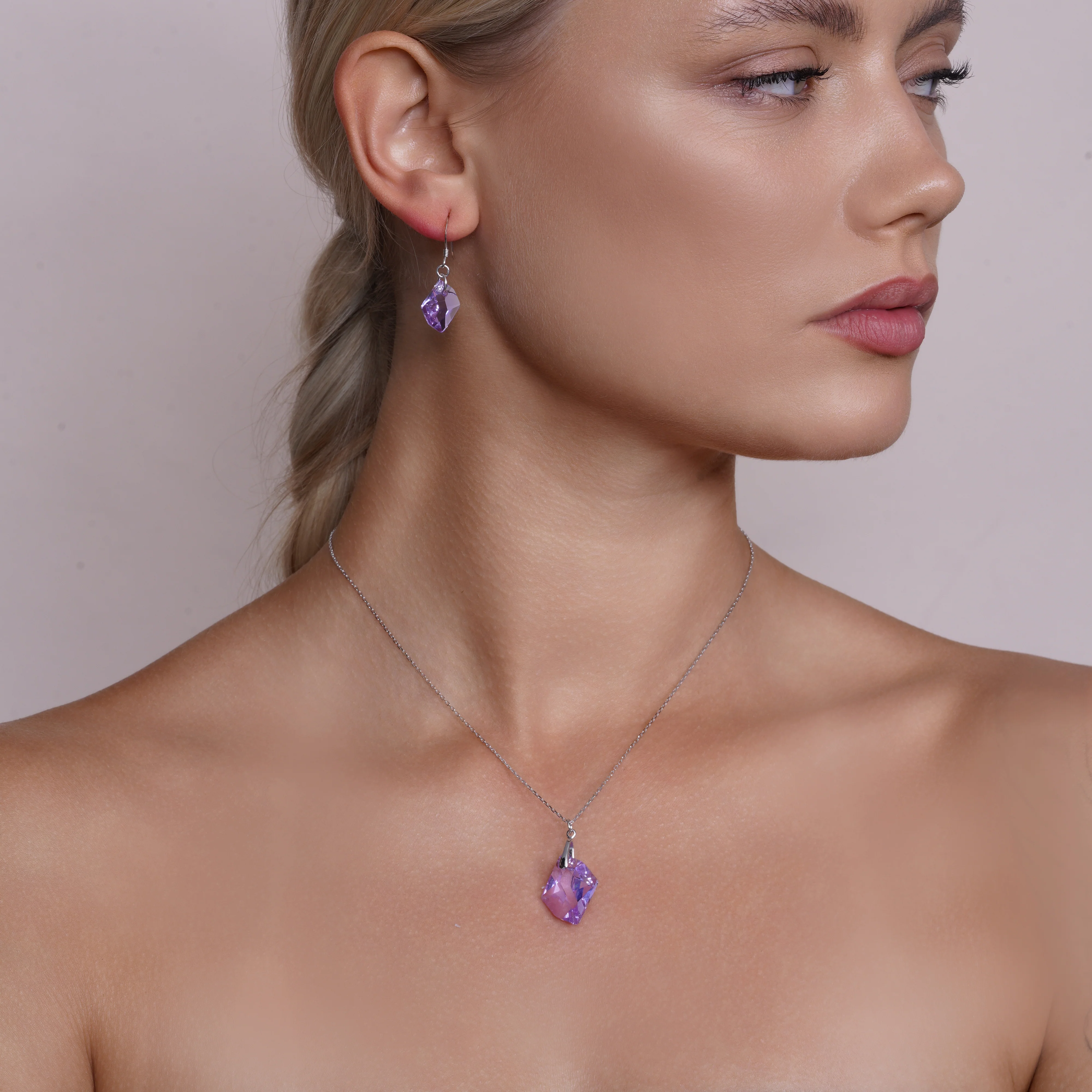 Rhodium Plated 925 Silver Purple CZ Abstract Dangle Earring & Necklace Set - BGS00387 - Image 2