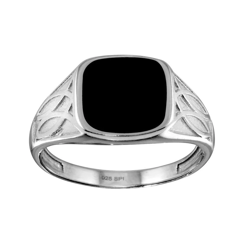 Rhodium Plated 925 Sterling Silver Black Enamel Celtic Design Shank Ring - SOR00003