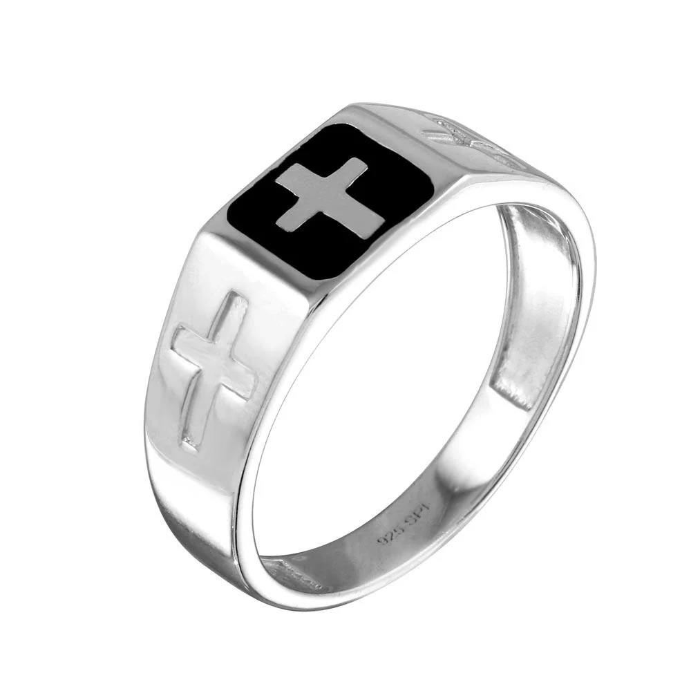 Rhodium Plated 925 Sterling Silver Black Enamel Cross Ring - SOR00006 - Image 2
