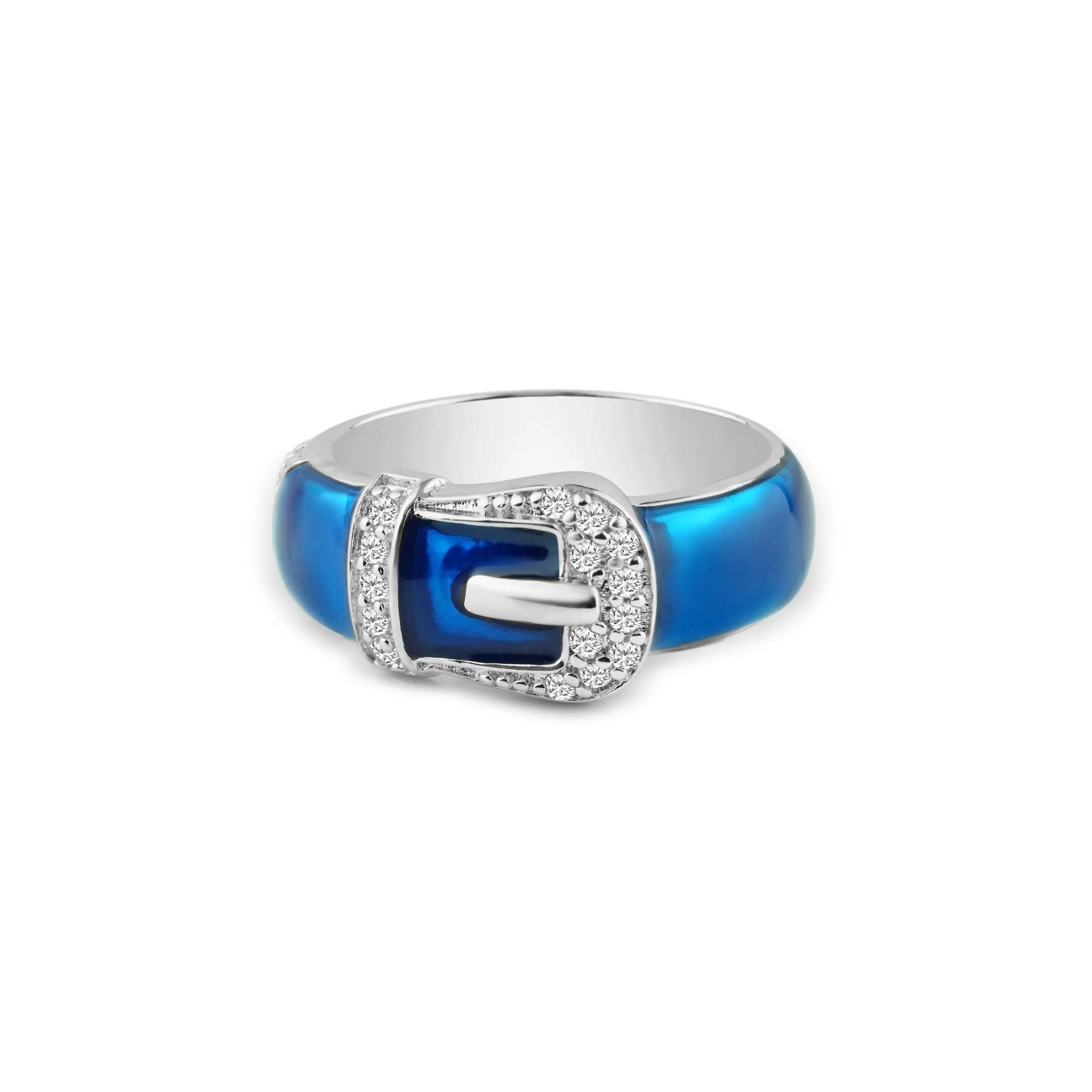 Silver 925 Rhodium Plated Blue Enamel CZ Belt Buckle Ring - STR00614 - Image 2