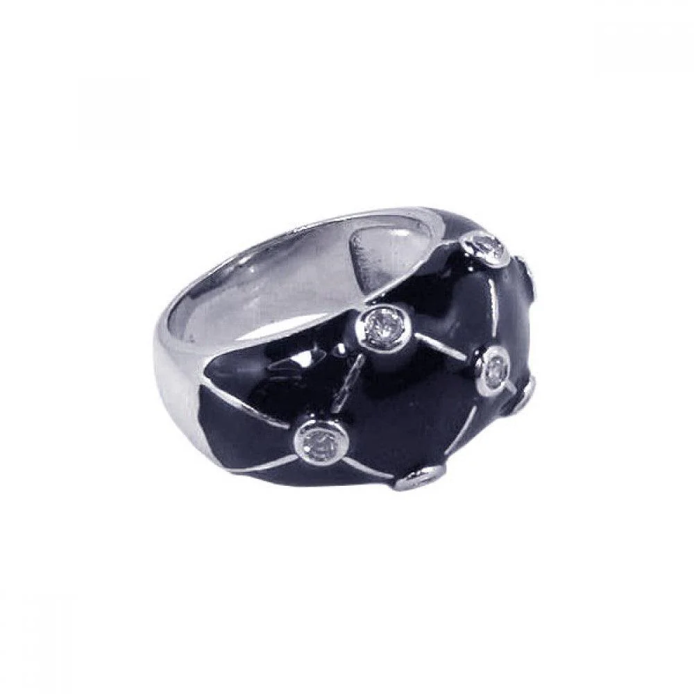 Clearance-Silver 925 Rhodium Plated Black Enamel CZ Dotted Dome Ring - STR00424