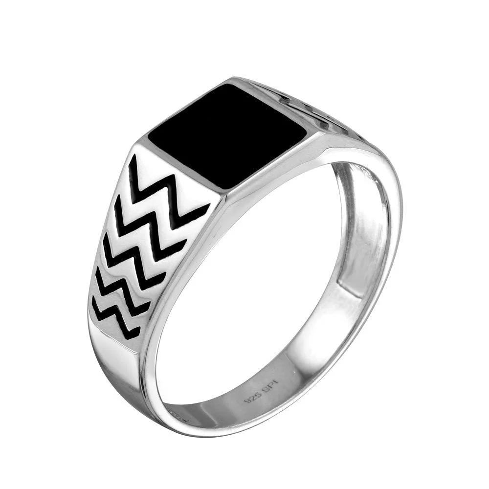 Rhodium Plated 925 Sterling Silver Black Enamel Zig Zag Design Shank Ring - SOR00004 - Image 2