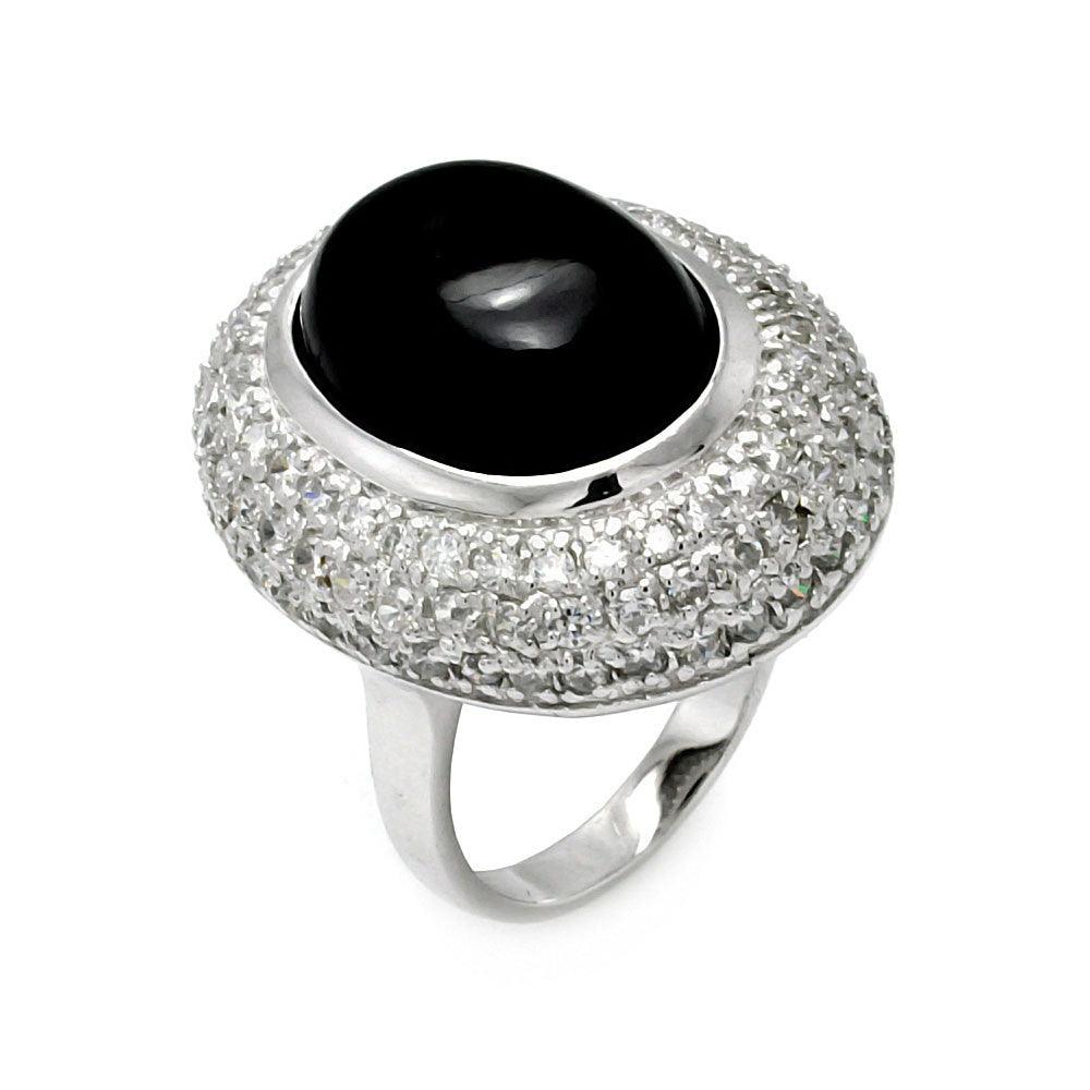 Clearance-Silver 925 Rhodium Plated Black Onyx Center CZ Ring - STR00275