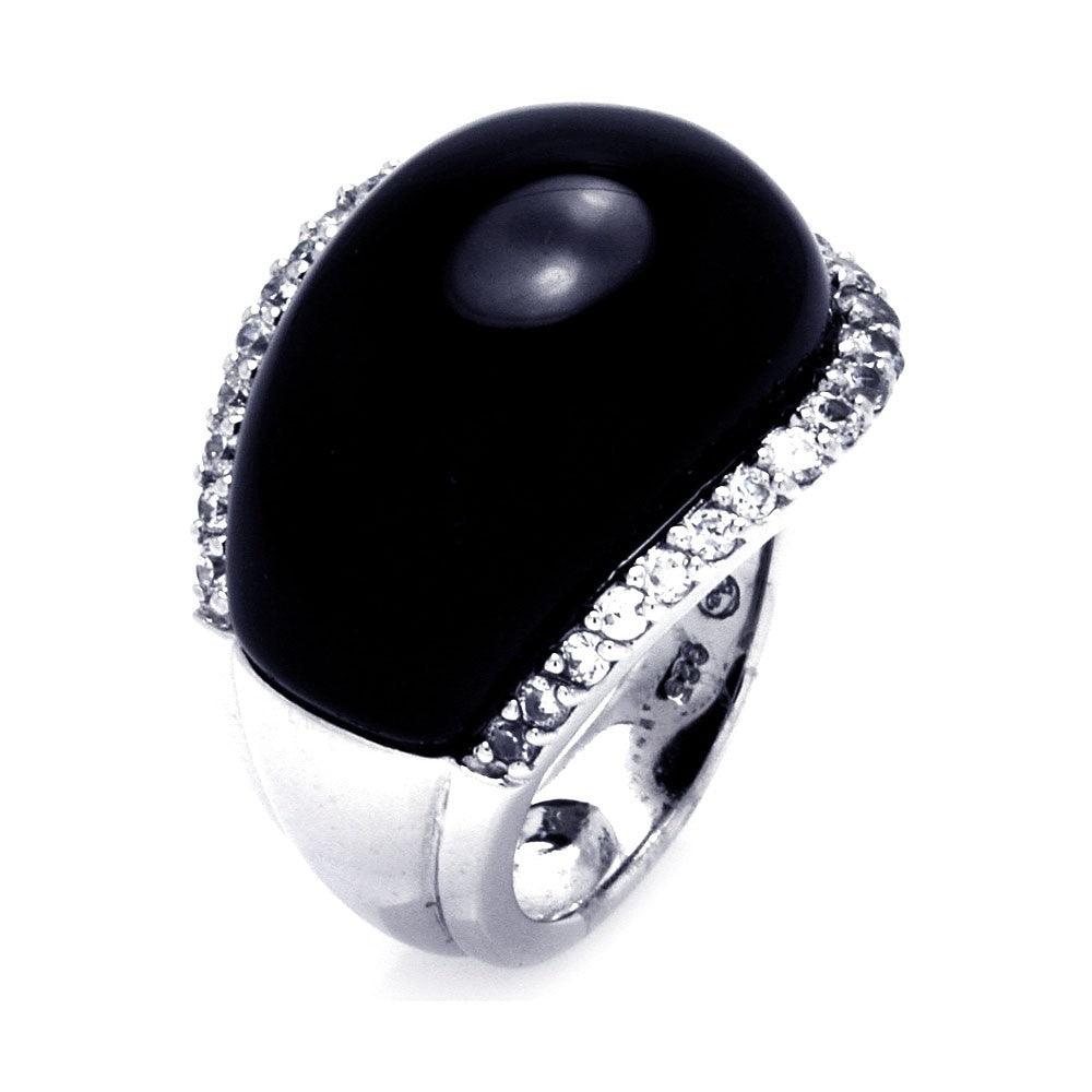 Clearance-Silver 925 Rhodium Plated Black Onyx Clear CZ Border Ring - BGR00290 - Image 2