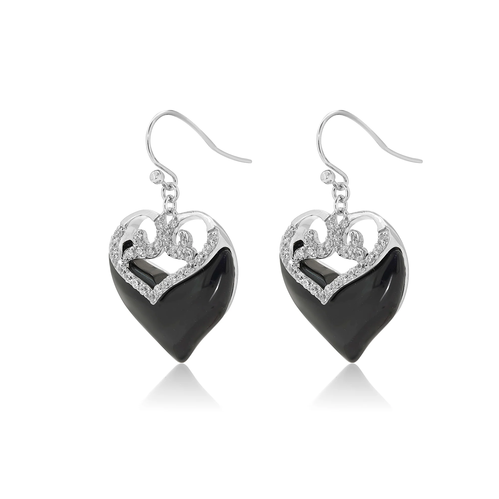 Clearance-Silver 925 Rhodium Plated Black Onyx Clear Double Heart CZ Hook Earring and Necklace Set - BGS00219 - Image 3