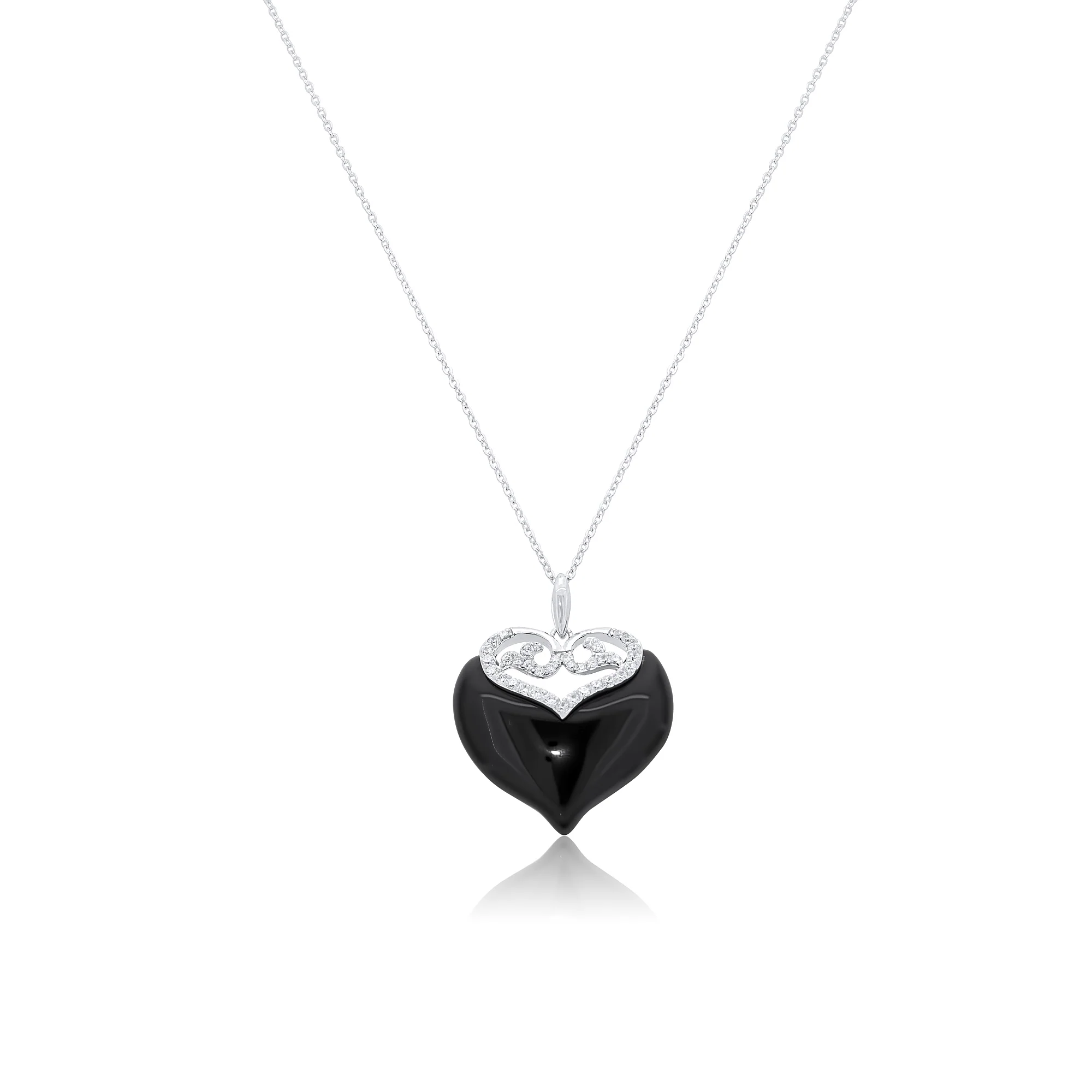 Clearance-Silver 925 Rhodium Plated Black Onyx Clear Double Heart CZ Hook Earring and Necklace Set - BGS00219 - Image 4