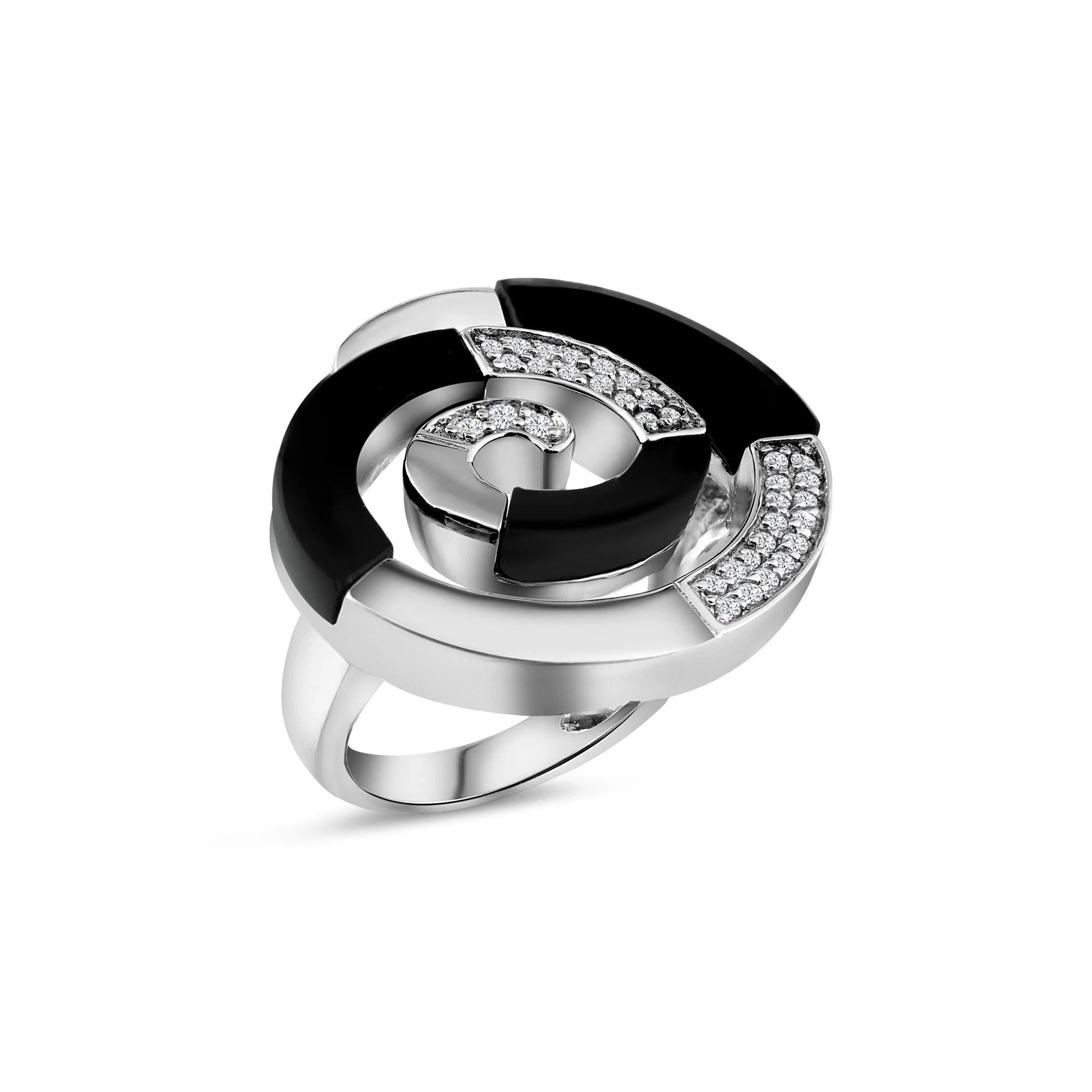 Clearance-Silver 925 Rhodium Plated Black Onyx Clear Pave Set CZ Spiral Swirl Ring - BGR00156