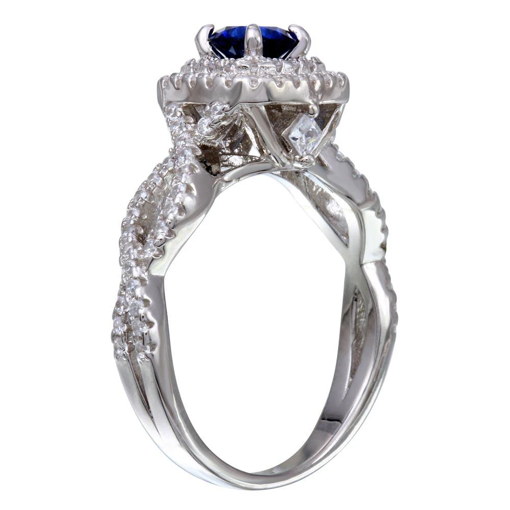 Rhodium Plated 925 Sterling Silver  Blue and Clear CZ Ring - STR01090 - Image 2