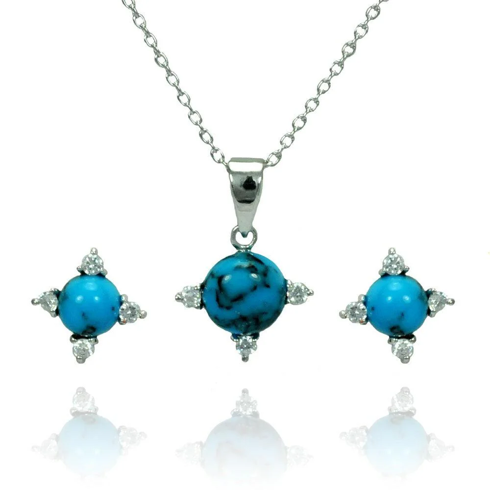 Silver 925 Rhodium Plated Blue Ball CZ Stud Earring and Necklace Set - STS00476