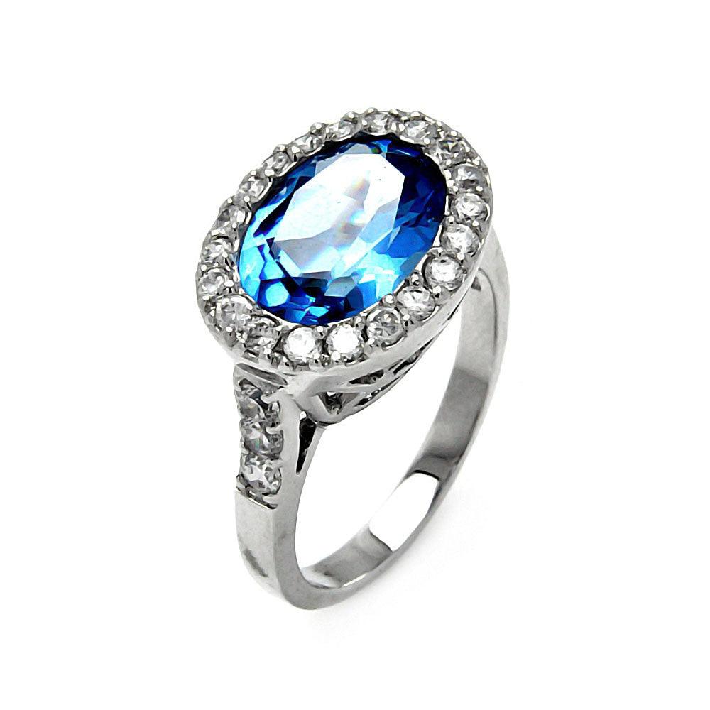 Clearance-Silver 925 Rhodium Plated Blue Oval Clear Cluster CZ Ring - STR00079