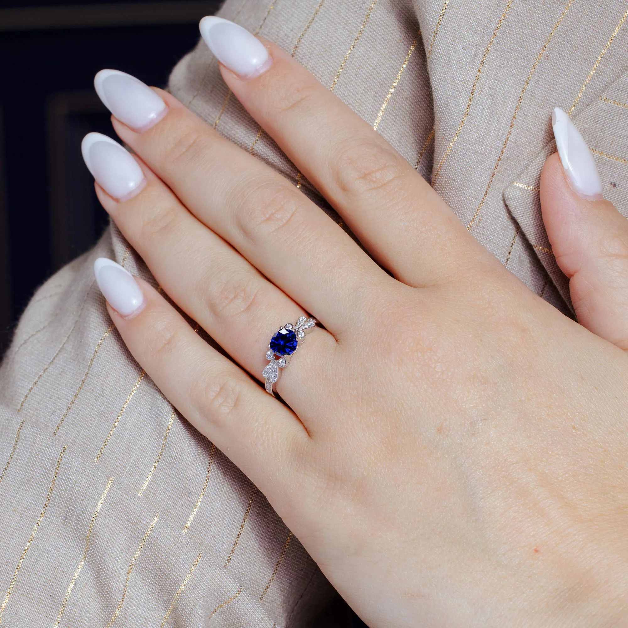 Rhodium Plated 925 Sterling Silver Blue Oval CZ Ring - BGR01165BLU - Image 2