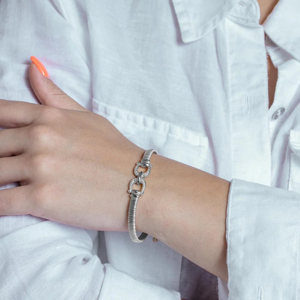 Rhodium Plated 925 Sterling Silver Buckle Bracelet with CZ - ARB00037RH - Image 2