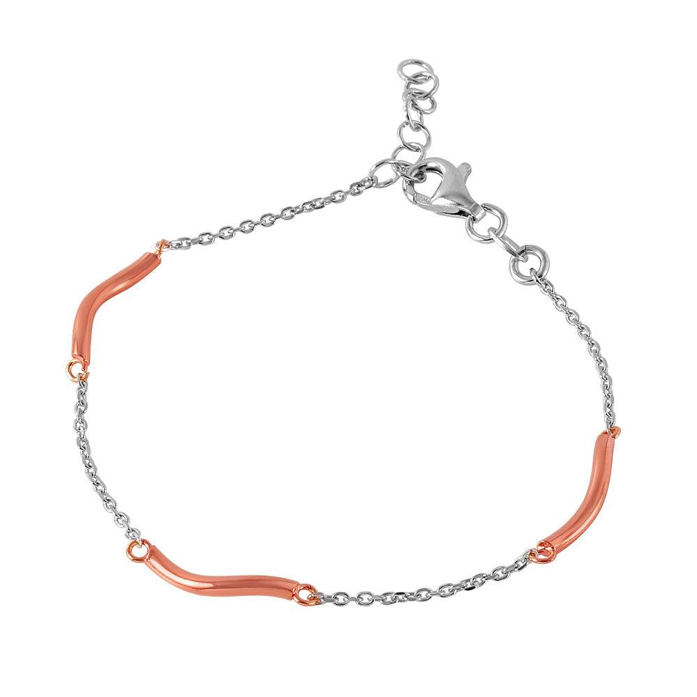 Silver 925 Rhodium Plated Chain with Rose Gold Plated Curved Accents Italian Bracelet - ITB00165RH-RGP - Image 2