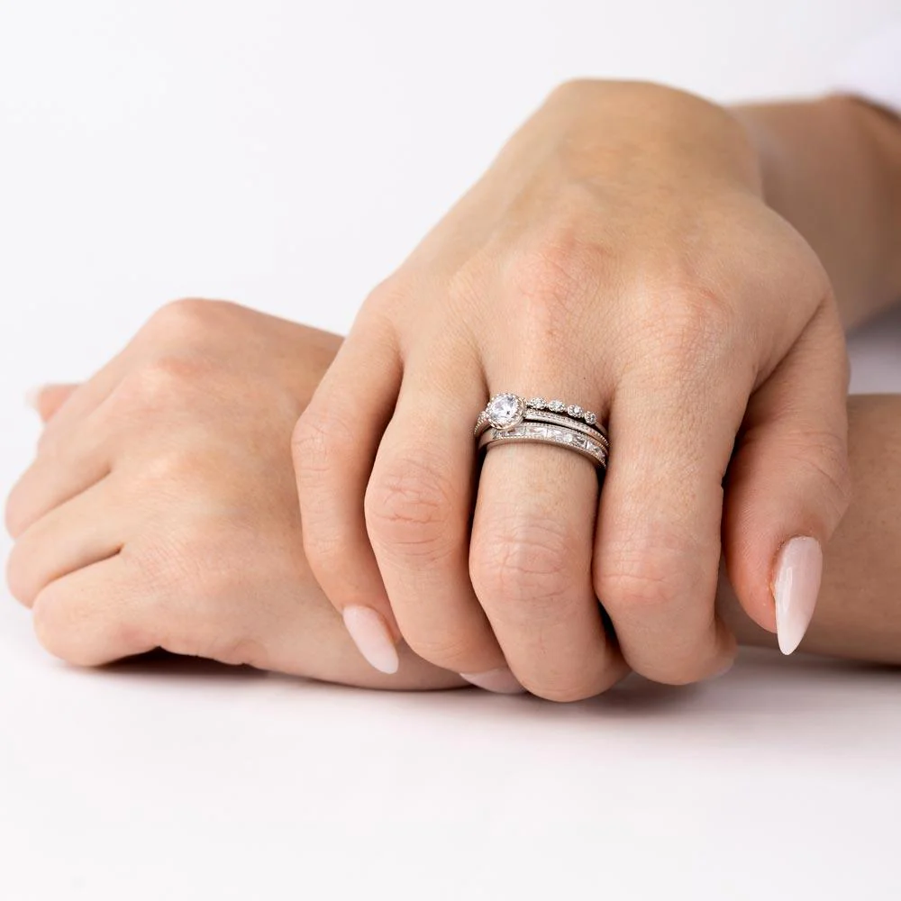 Rhodium Plated 925 Sterling Silver Channel Center CZ Stackable Ring Set - STR01125 - Image 2