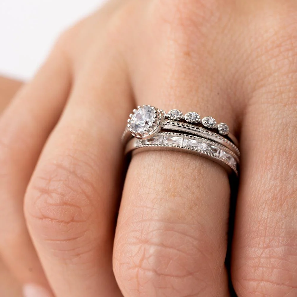 Rhodium Plated 925 Sterling Silver Channel Center CZ Stackable Ring Set - STR01125 - Image 3