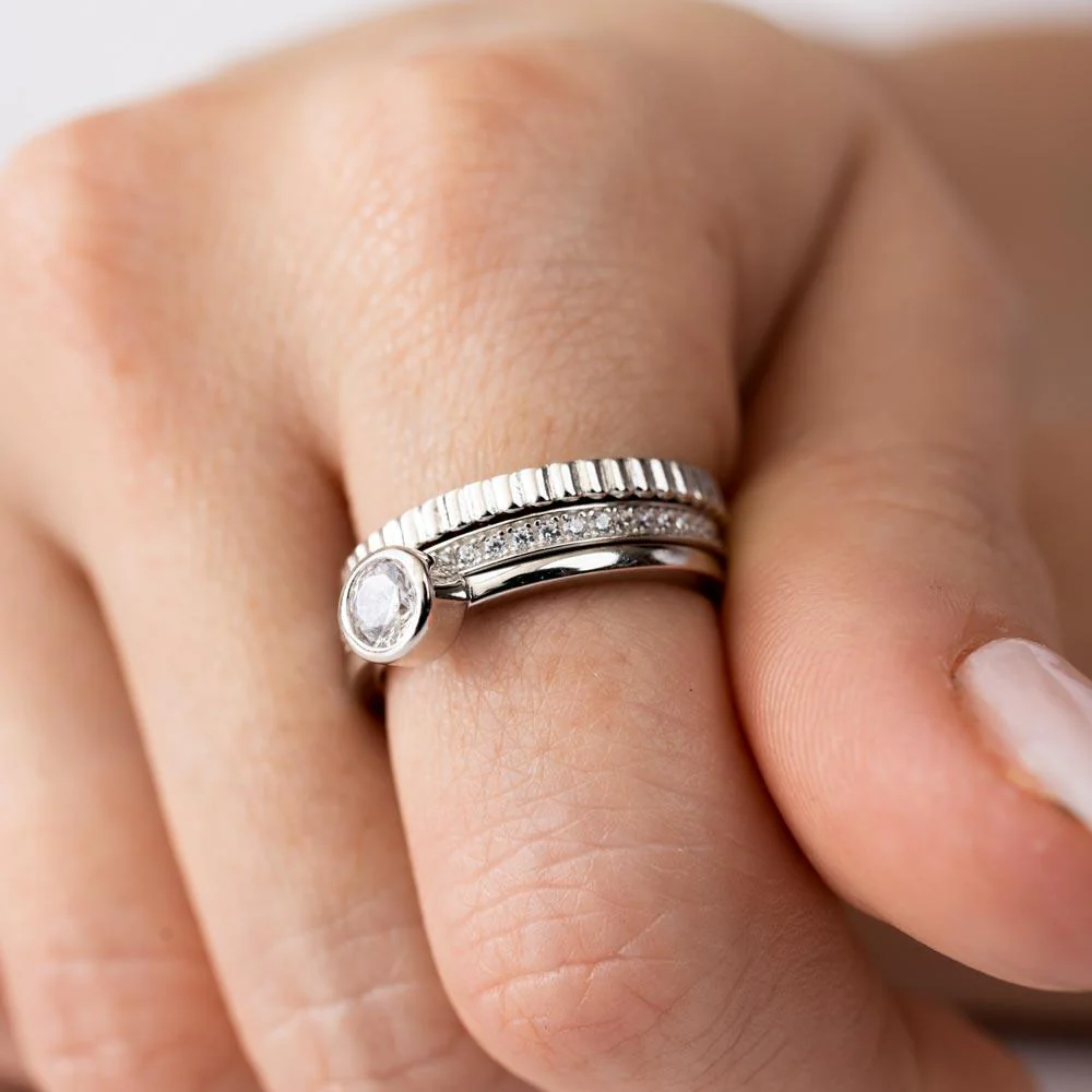 Rhodium Plated 925 Sterling Silver Channel Center CZ Stackable Ring Set - STR01125 - Image 5