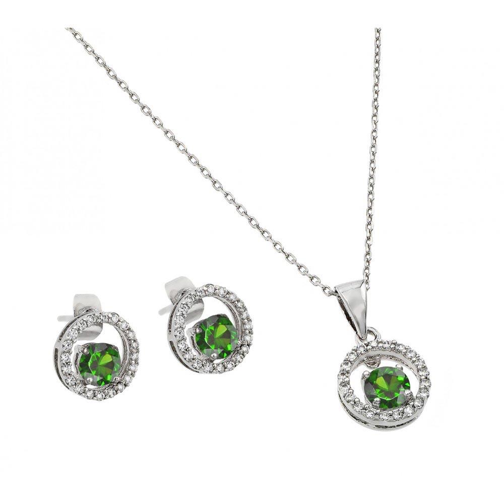 Silver 925 Rhodium Plated Clear and Green Round Open Circle CZ Stud Earring and Dangling Necklace Set - BGS00380