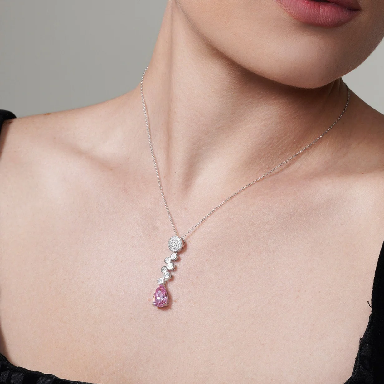 Silver 925 Rhodium Plated Clear and Pink Round and Teardrop CZ Drop Stud Earring and Necklace Set - BGS00294 - Image 3