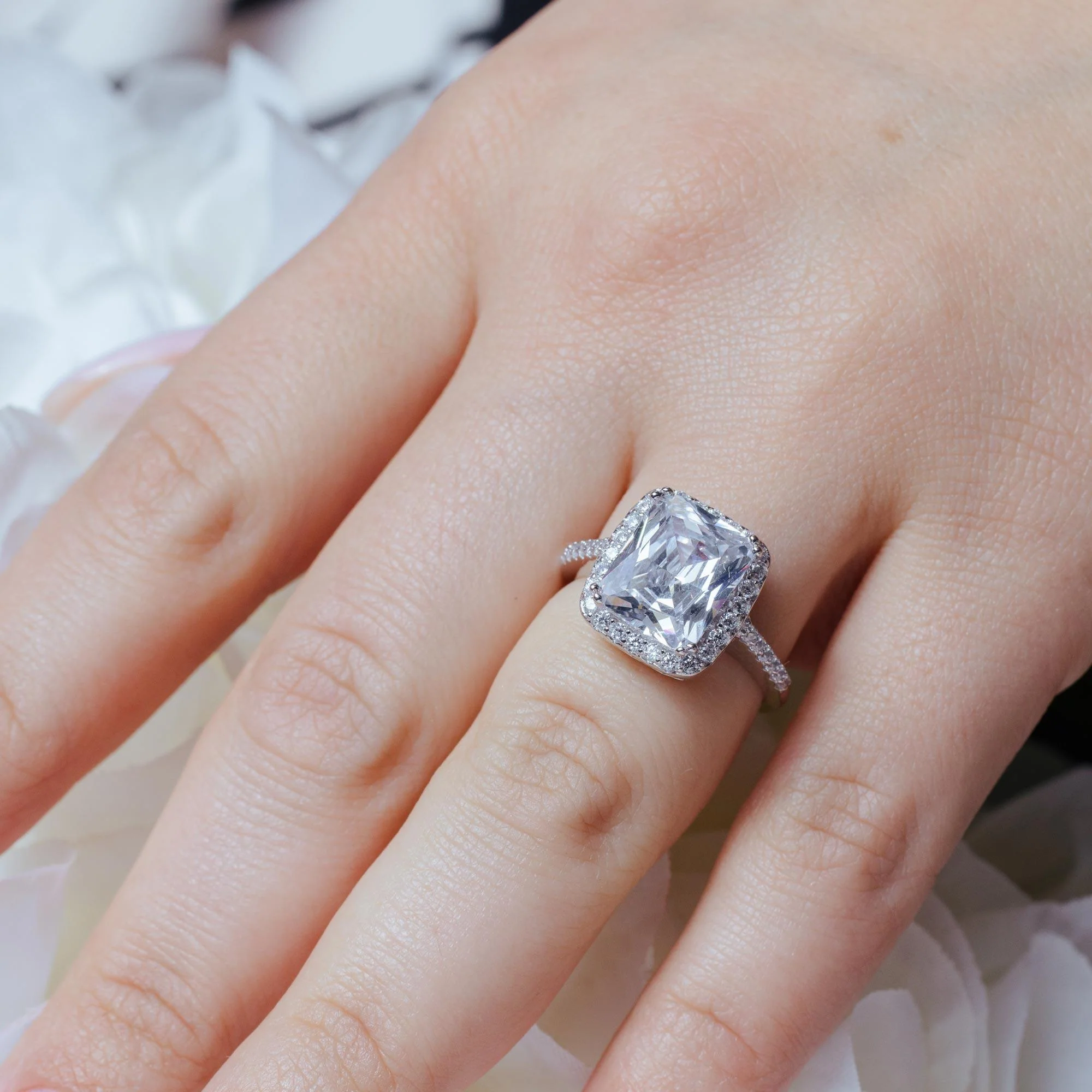 Rhodium Plated 925 Sterling Silver Clear Cluster CZ Square Ring - ACR00008 - Image 2