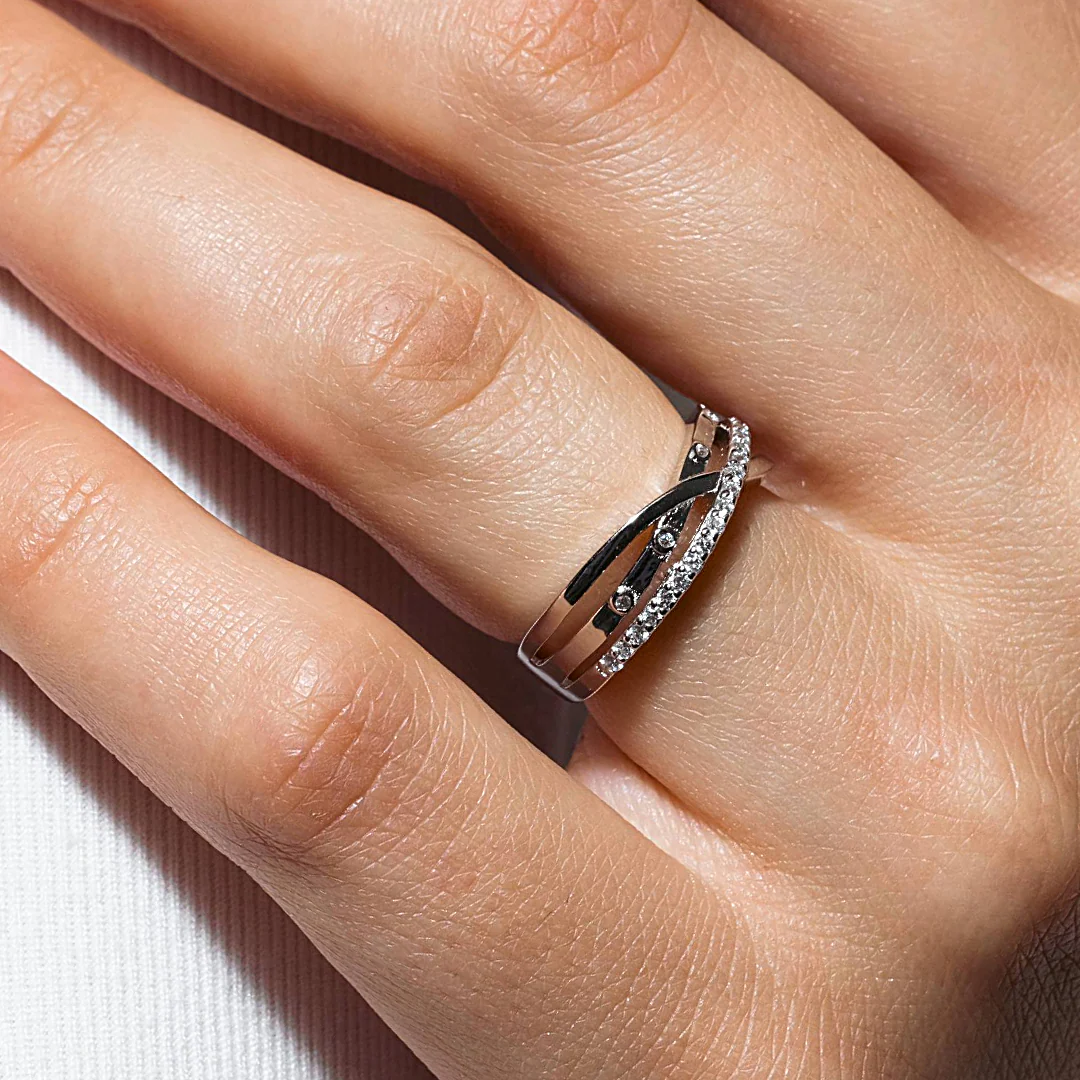 Silver 925 Rhodium Plated Clear CZ 3 Row Overlap Ring - BGR00510 - Image 2