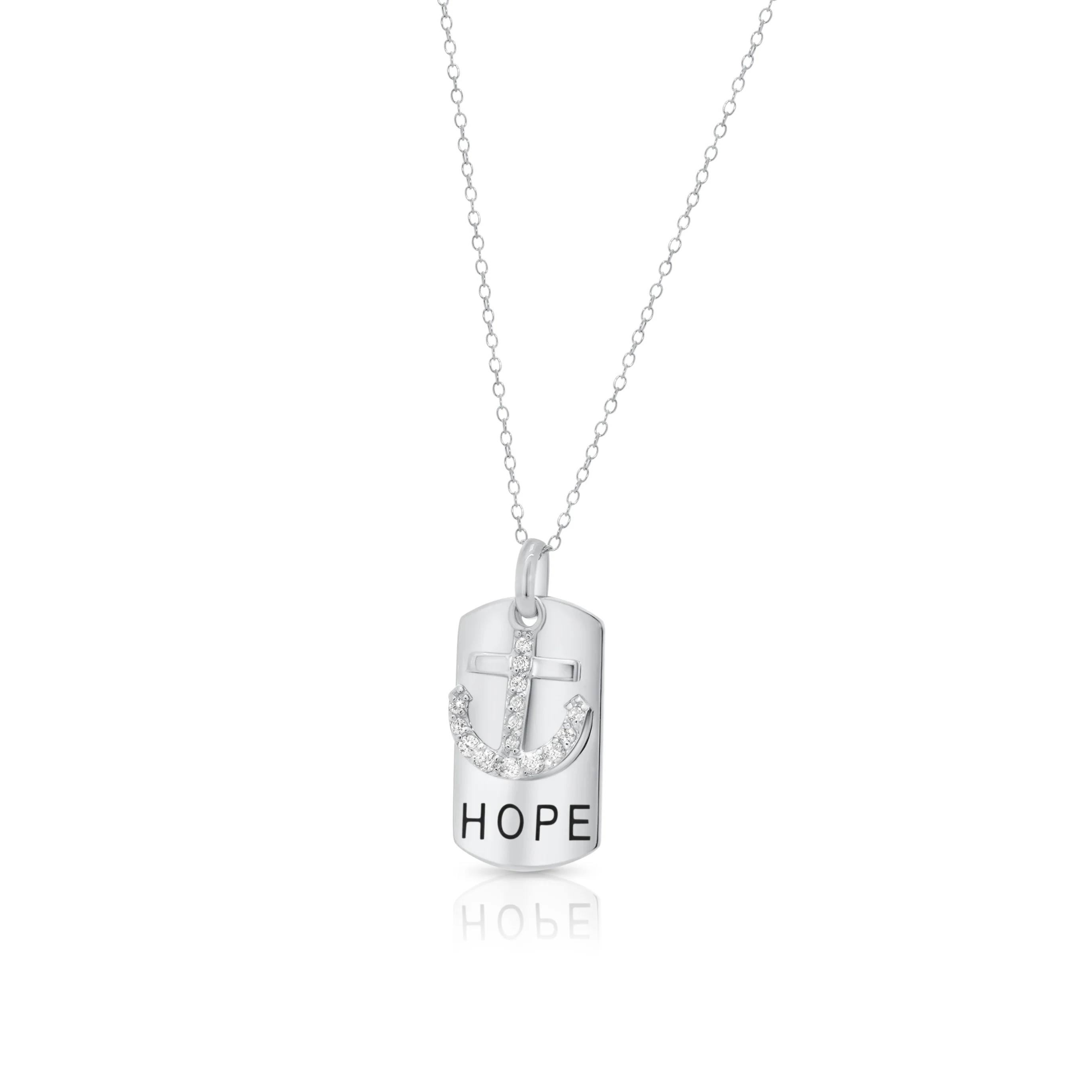 Silver 925 Rhodium Plated Clear CZ Anchor Black Dogtag Pendant Necklace - STP00754