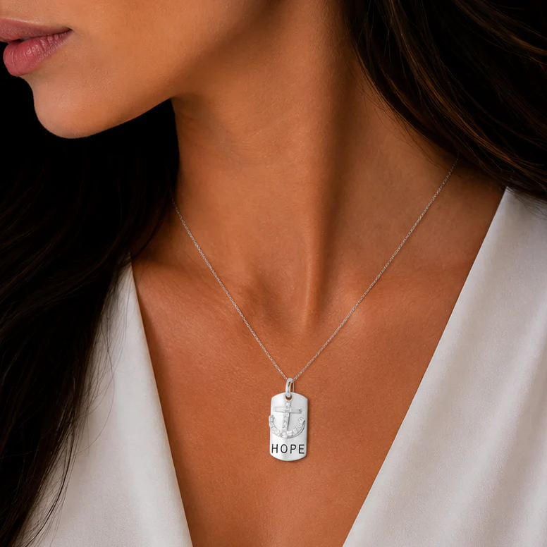Silver 925 Rhodium Plated Clear CZ Anchor Black Dogtag Pendant Necklace - STP00754 - Image 2