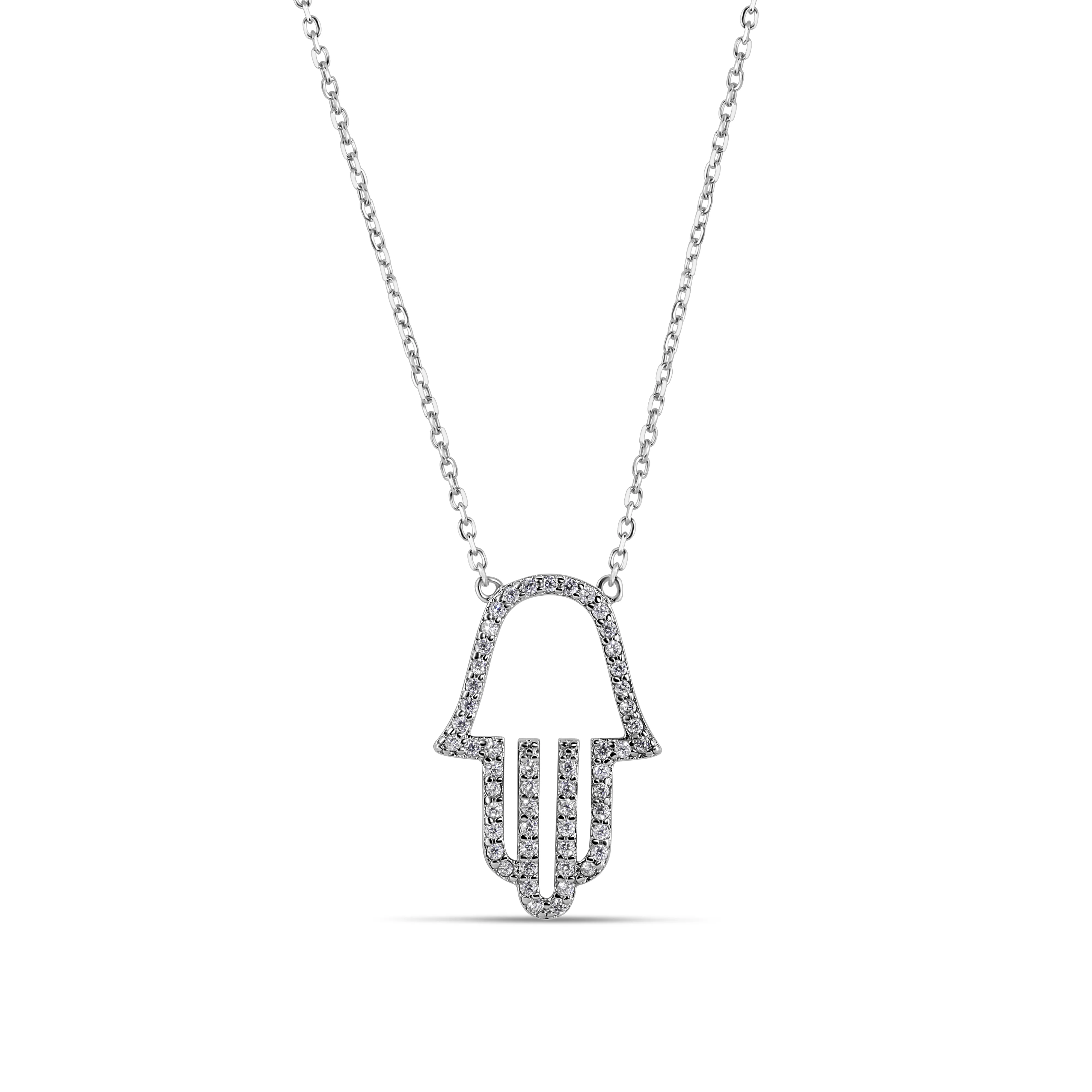 Silver 925 Rhodium Plated Clear CZ Hamsa Pendant Necklace - STP01379RH