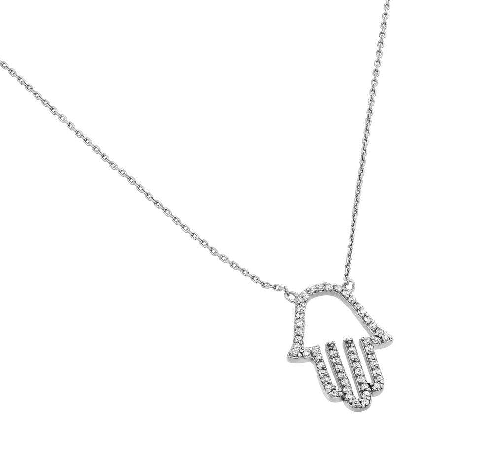 Silver 925 Rhodium Plated Clear CZ Hamsa Pendant Necklace - STP01379RH - Image 2