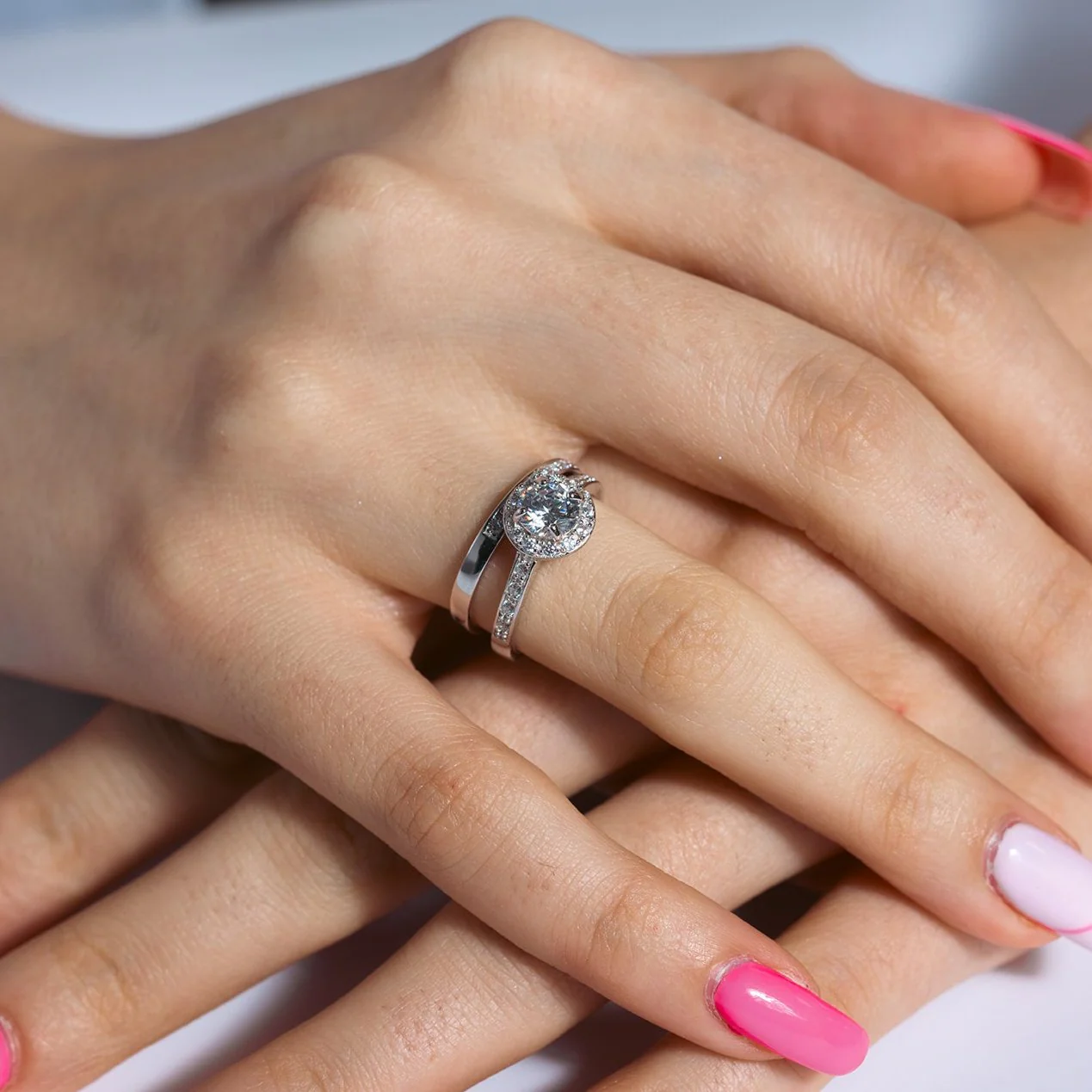 Rhodium Plated 925 Sterling Silver Clear CZ Round Bridal Ring Set - BGR00459 - Image 2