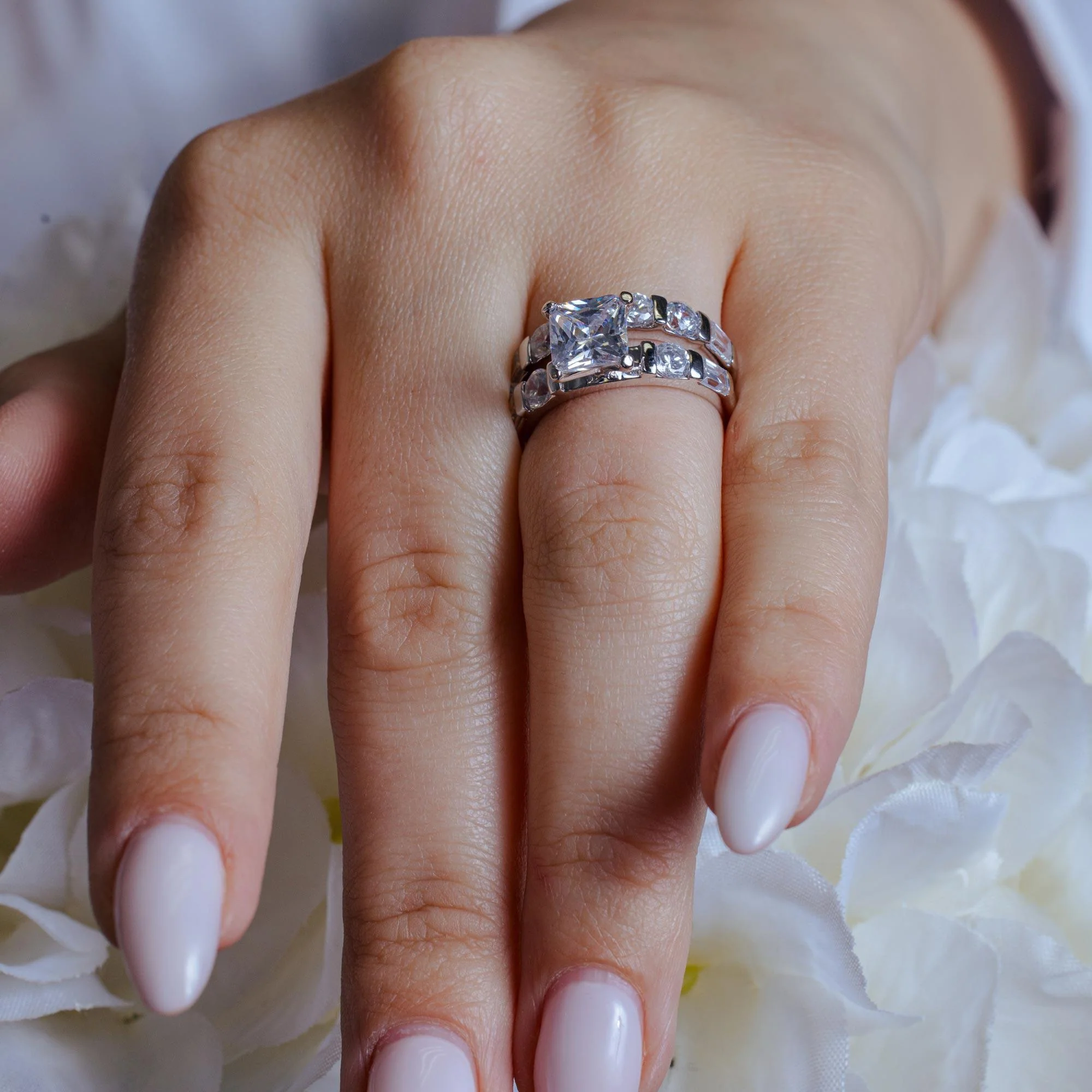 Silver 925 Rhodium Plated Clear CZ Square Ring - BGR00093 - Image 2