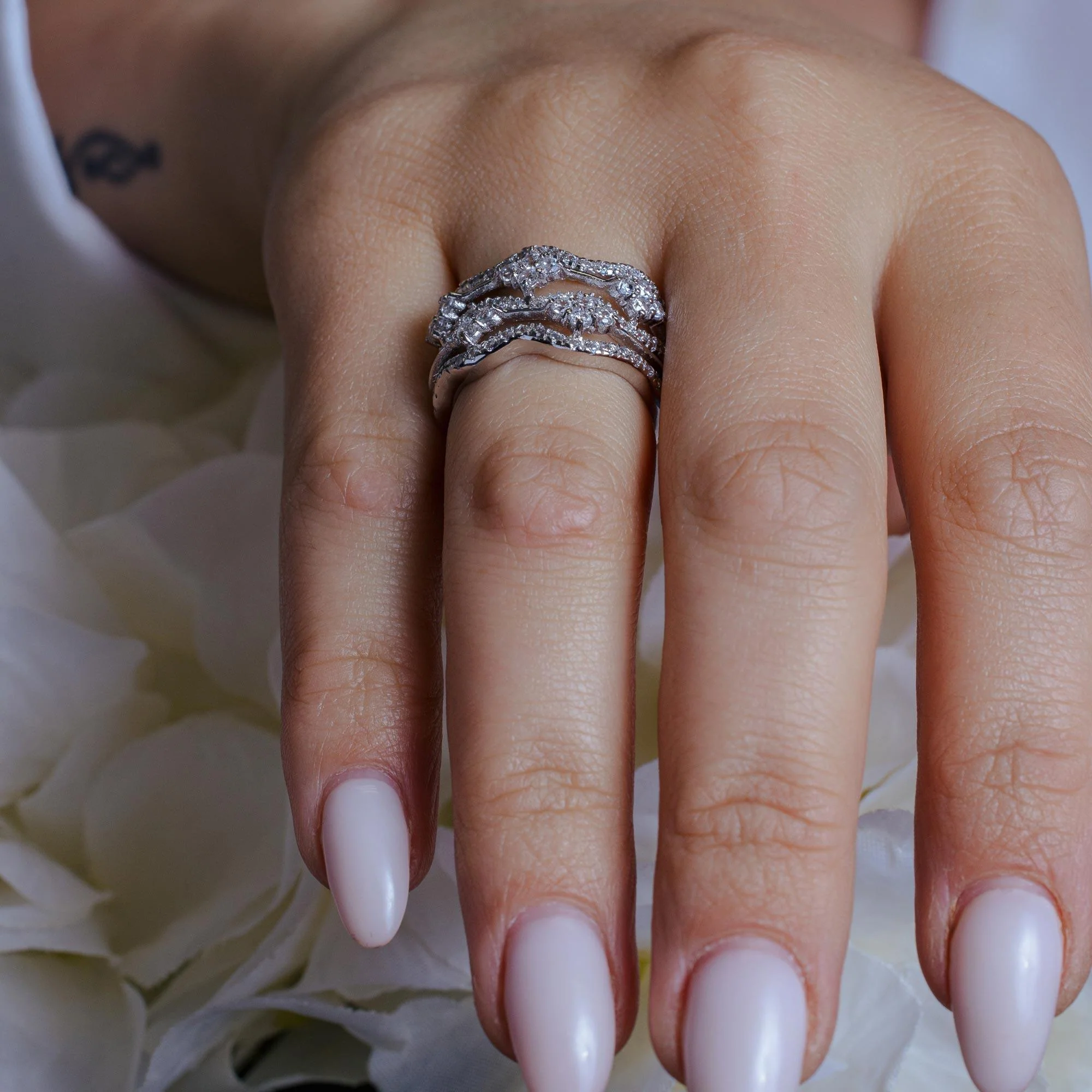 Silver 925 Rhodium Plated Clear CZ Wave Ring - BGR00247 - Image 2