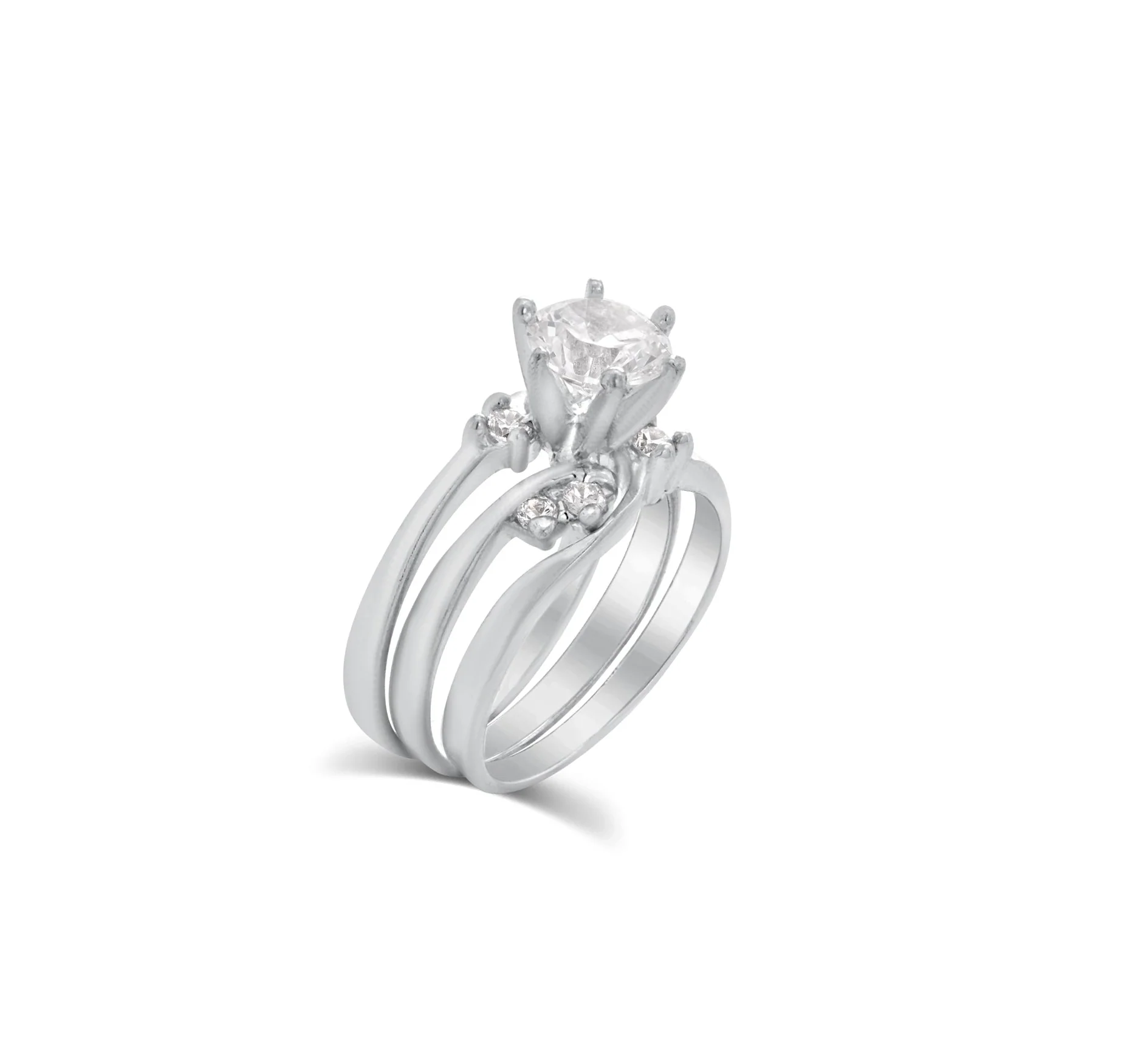 Rhodium Plated 925 Sterling Silver Clear Double Stackable CZ Engagement Ring Set - ANT00017