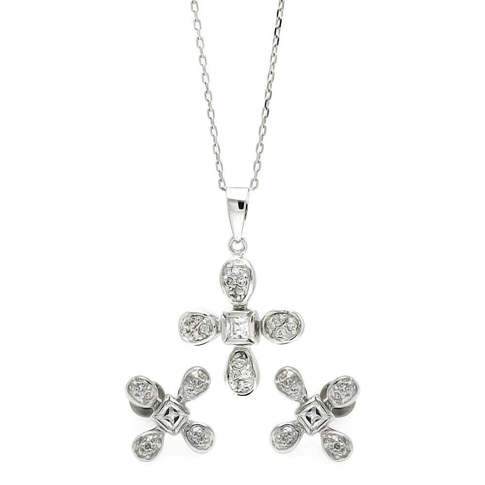 Silver 925 Rhodium Plated Clear Flower CZ Stud Earring and Necklace Set - BGS00223