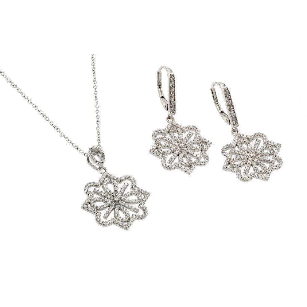 Silver 925 Rhodium Plated Clear French Flower CZ Leverback Earring and Necklace Set - BGS00419
