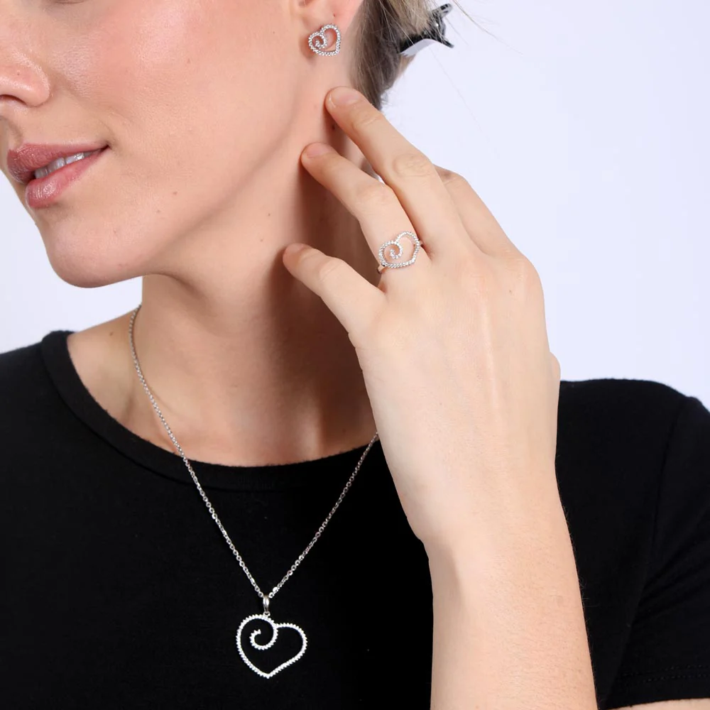 Silver 925 Rhodium Plated Clear Open Heart CZ Stud Earring and Necklace Set - GMS00002RH - Image 2