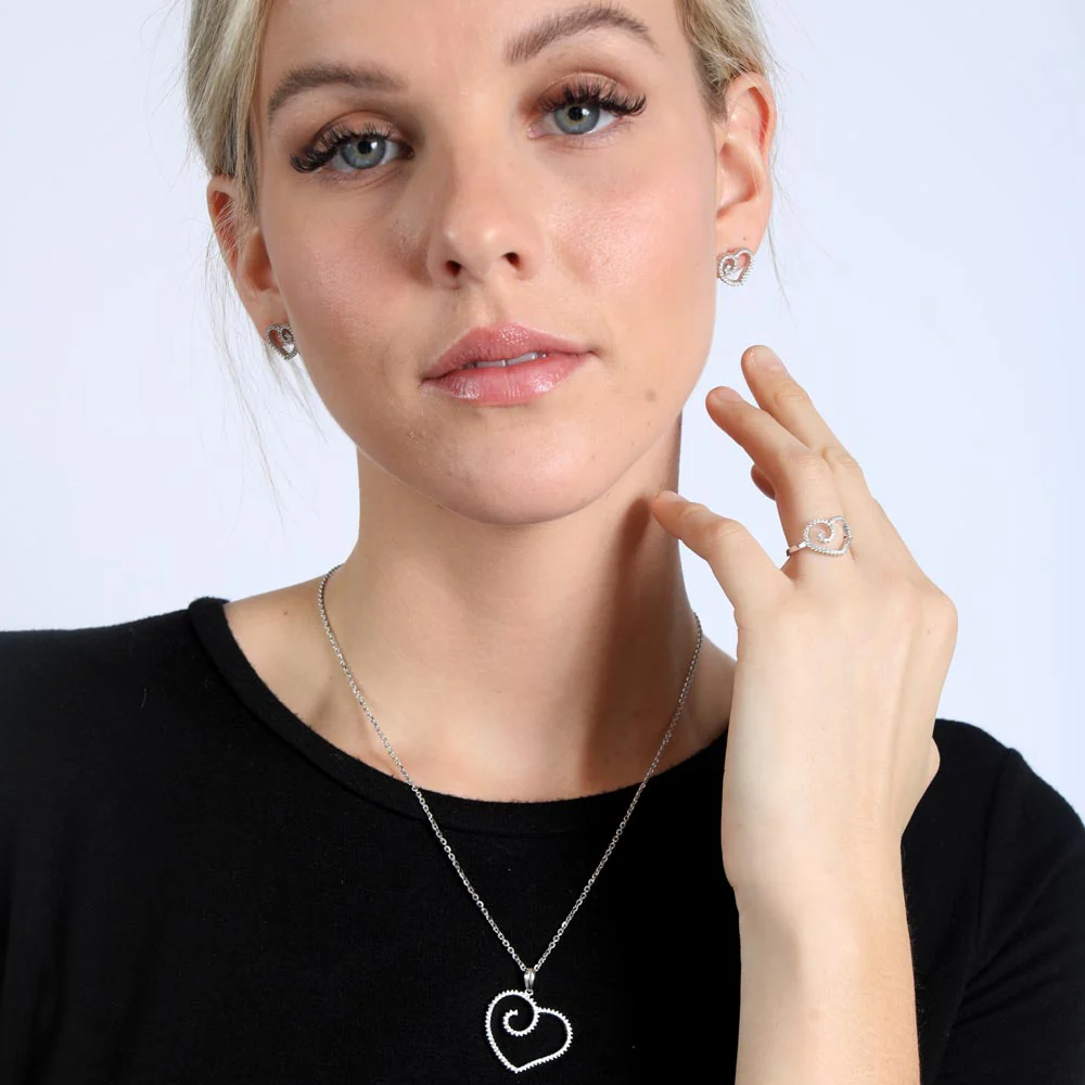 Silver 925 Rhodium Plated Clear Open Heart CZ Stud Earring and Necklace Set - GMS00002RH - Image 3