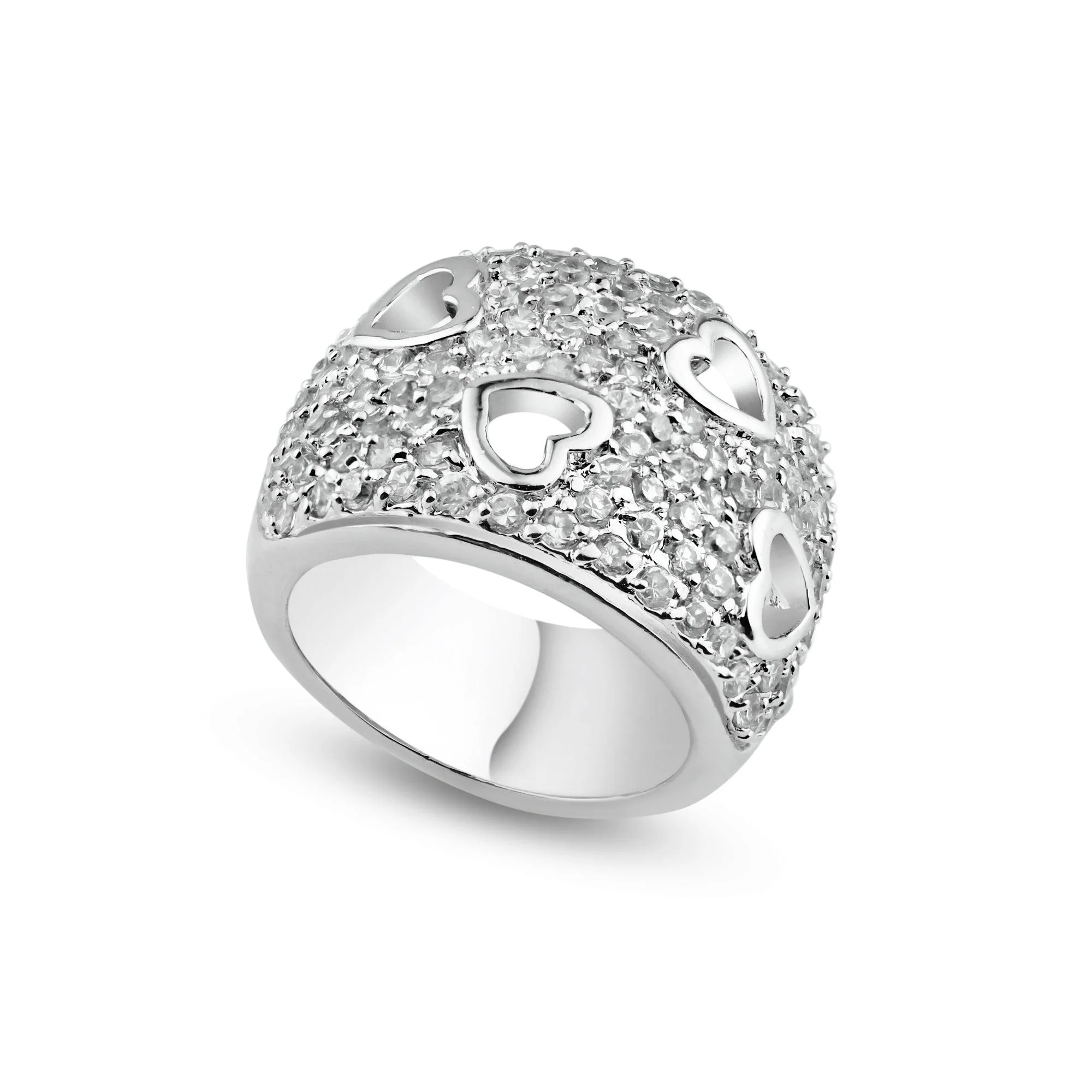 Clearance-Silver 925 Rhodium Plated Clear Pave Set CZ Heart Dome Ring - BGR00019