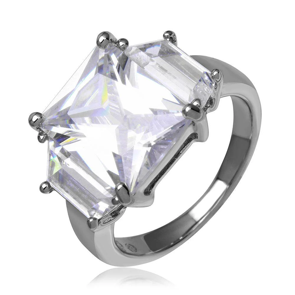 Silver 925 Rhodium Plated Clear Princess Cut CZ Ring - STR00047CLR - Image 2