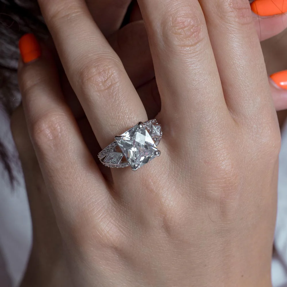 Clearance - Silver 925 Rhodium Plated Clear Square Center CZ Bridal Ring - BGR00082 - Image 2