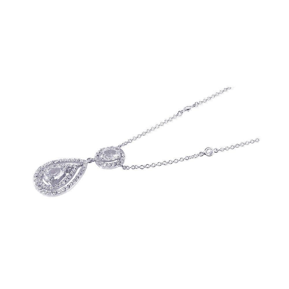 Clearance-Silver 925 Rhodium Plated Clear Teardrop and Round CZ Antique Pendant Necklace - BGN00023