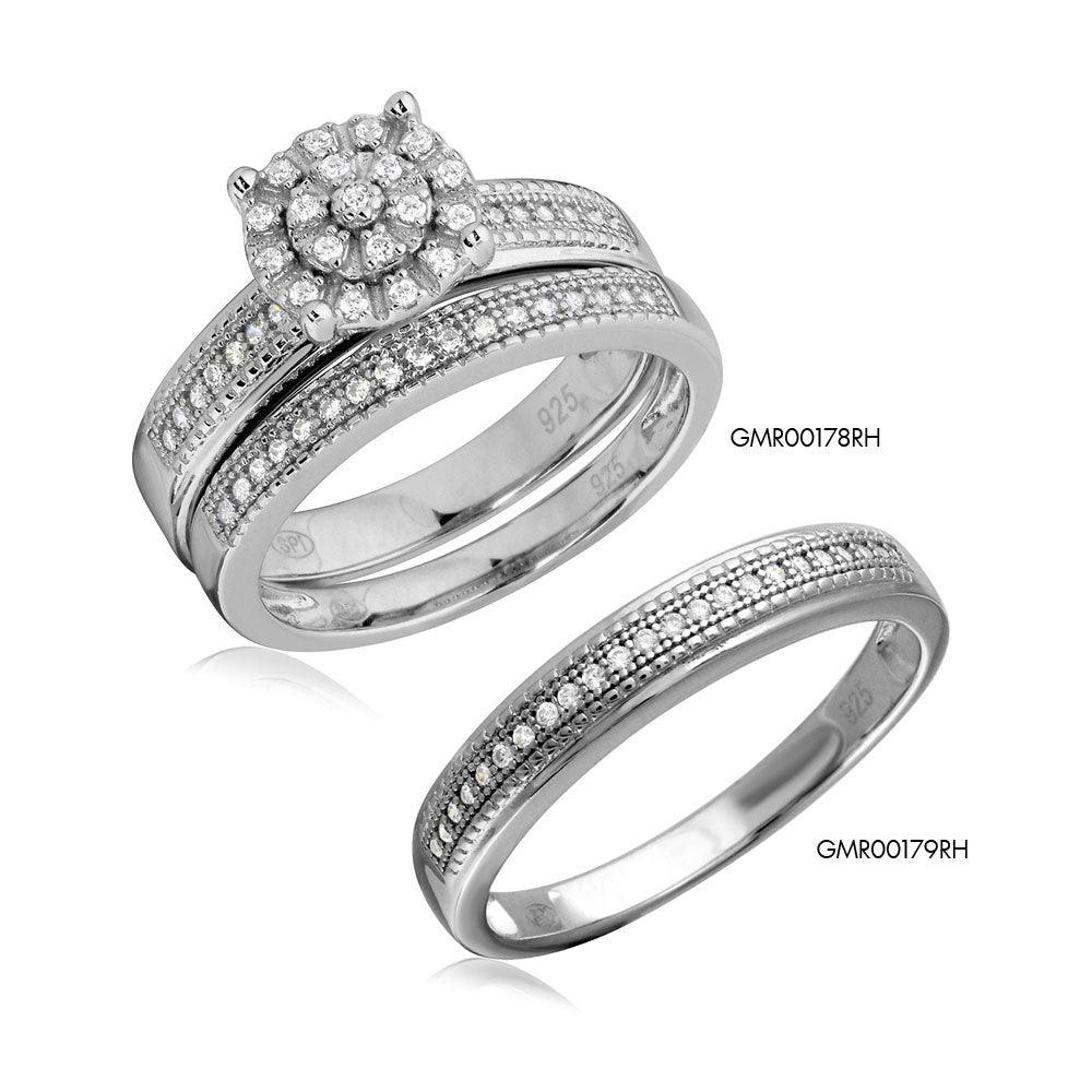 Rhodium Plated 925 Sterling Silver Cluster Stones Wedding Ring Set - GMR00179 - Image 3