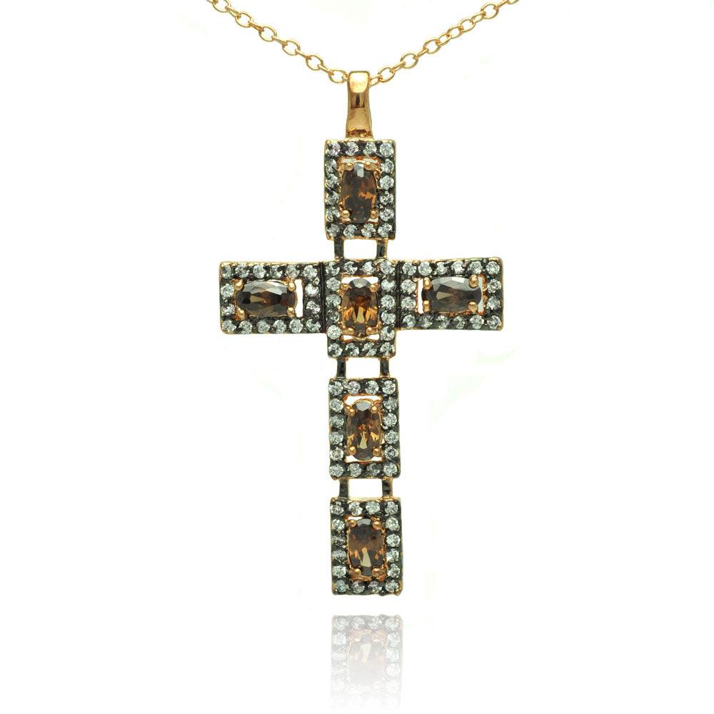 Clearance-Silver 925 Rhodium Plated Cross Clear and Champagne CZ Necklace - BGP00714