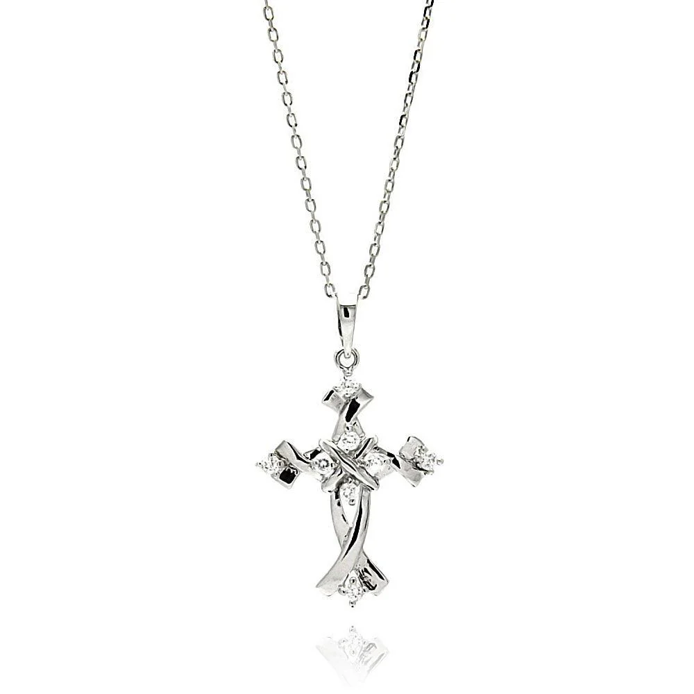 Silver 925 Rhodium Plated Cross CZ Necklace - BGP00615