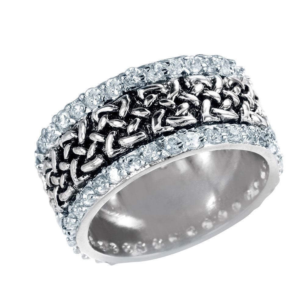 Clearance-Silver 925 Rhodium Plated CZ Border Chain Ring - STR00148