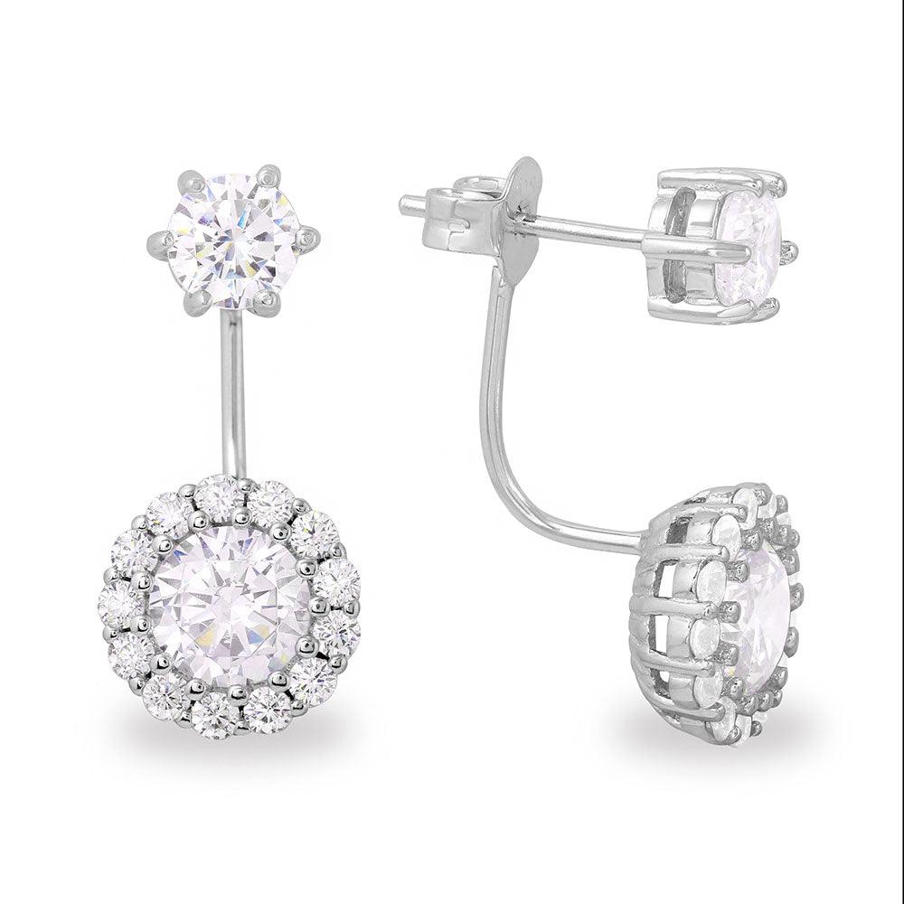 Silver 925 Rhodium Plated CZ Halo Hanging Earrings - BGE00480