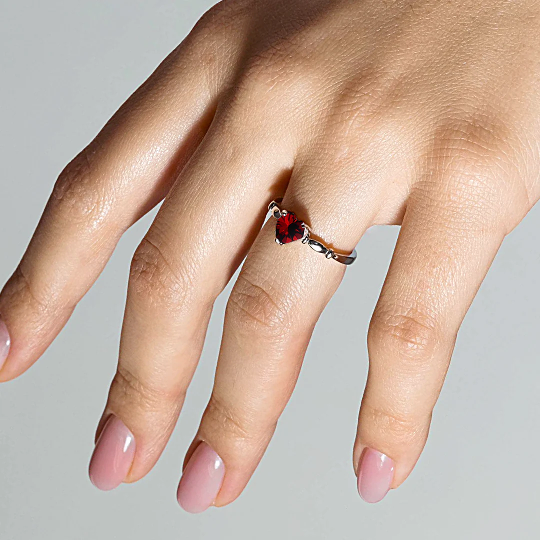 Rhodium Plated 925 Sterling Silver CZ Heart Red January Ring - BGR00521JAN - Image 2