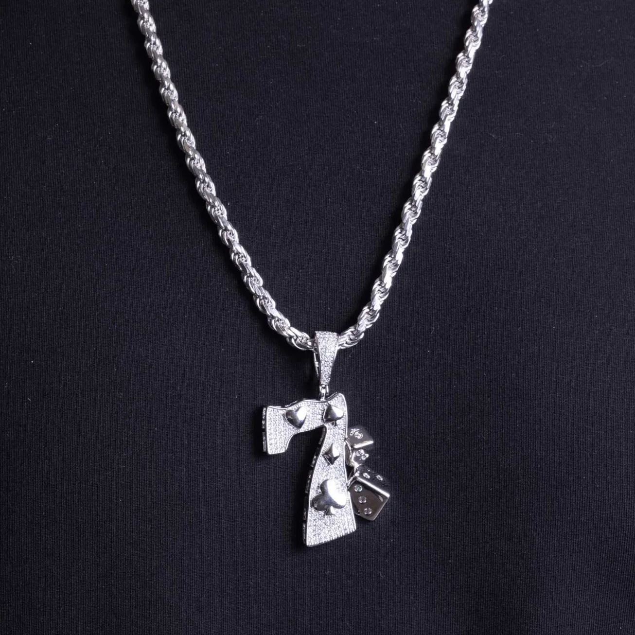 Rhodium Plated 925 Sterling Silver CZ Lucky 7 Hip Hop Pendant - SLP00259 - Image 2