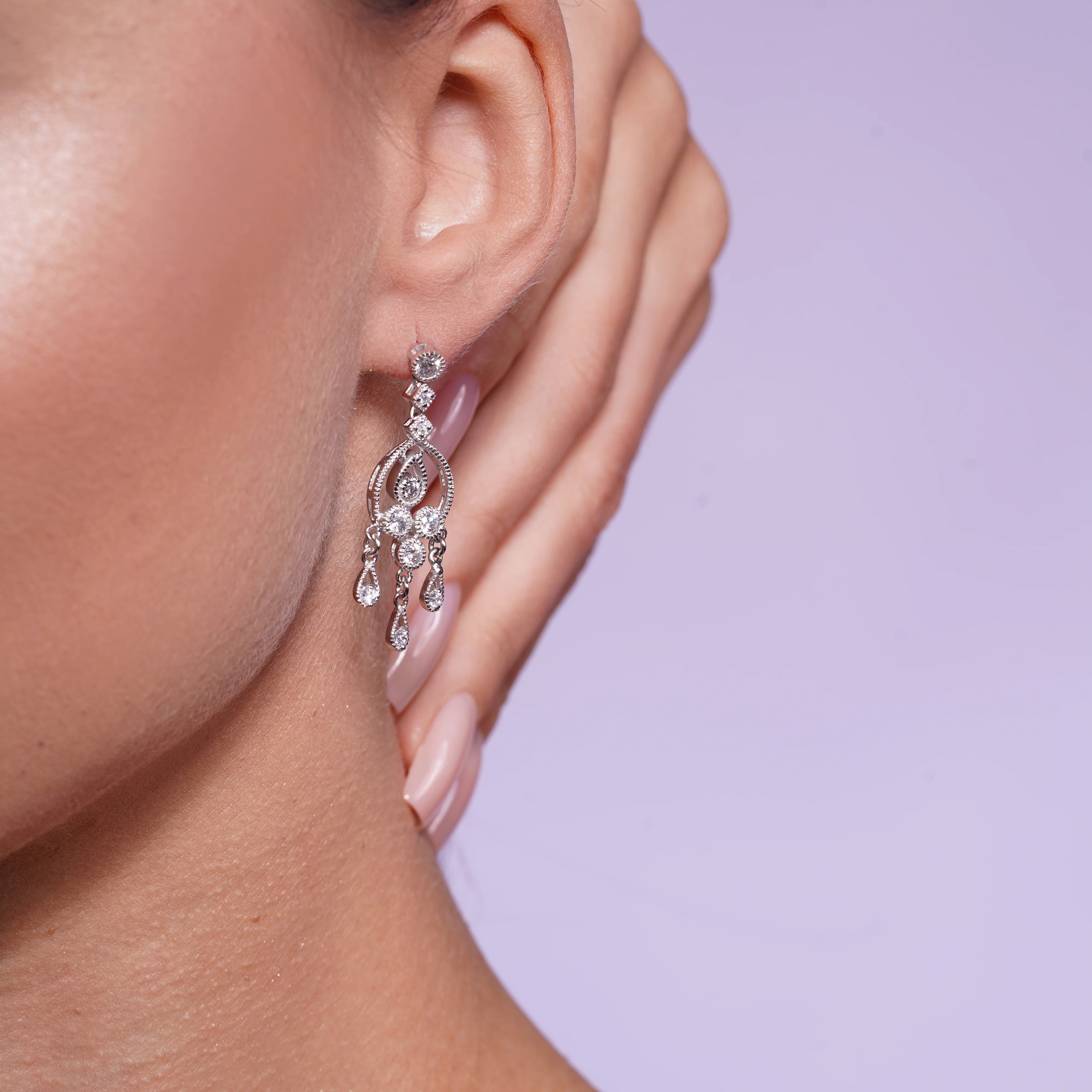 Clearance-Silver 925 Rhodium Plated CZ Three stranded Dangling Earrings - STE00030 - Image 2